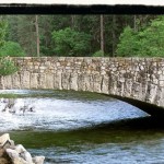 A bridge over the water with trees in the background