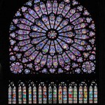 A stained glass window with many colors of the same color.