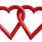 Two red hearts linked together with a white background